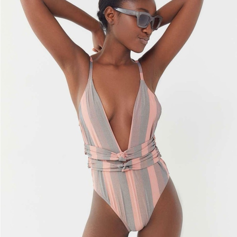 UO Out From Under Striped Plunge One Piece Swimsuit Pink Gray Size M